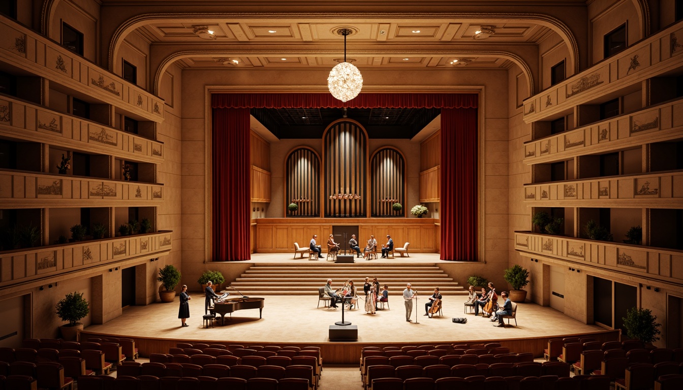 Prompt: Intimate concert hall, rich wood tones, ornate balconies, velvet curtains, grand pianos, polished brass instruments, warm stage lighting, soft shadows, elegant chandeliers, refined acoustic panels, sound-absorbing materials, precise speaker placement, optimal seating arrangements, classic architectural details, sophisticated interior design, warm beige colors, subtle texture variations, shallow depth of field, 2/3 composition, realistic reflections, ambient occlusion.