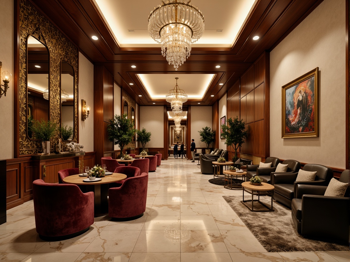 Prompt: Luxurious interior, rich wood accents, polished marble floors, velvet upholstery, metallic gold fixtures, crystal chandeliers, soft ambient lighting, warm beige walls, plush area rugs, ornate mirrors, elegant curves, sophisticated lines, opulent fabrics, lavish decorations, refined textures, high-end materials, sumptuous atmosphere, dramatic shadows, 1/1 composition, shallow depth of field, realistic reflections.