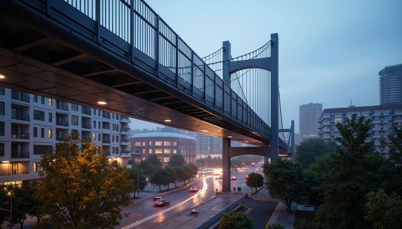 Prompt: Sleek pedestrian bridge, modernist architecture, minimalist design, clean lines, geometric shapes, steel beams, cable-stayed structure, suspension system, cantilevered sections, asymmetrical composition, urban landscape, city skyline, busy streets, vibrant streetlights, misty evening atmosphere, soft warm lighting, shallow depth of field, 1/2 composition, low-angle shot, realistic textures, ambient occlusion.