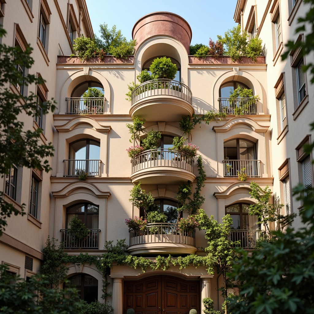 Prompt: Whimsical apartment building, ornate facades, soft pastel colors, delicate ironwork, curved balconies, romantic-era inspired architecture, lush greenery, climbing vines, flower-filled window boxes, warm golden lighting, shallow depth of field, 1/1 composition, intimate close-up shots, realistic textures, ambient occlusion, ornamental details, intricate stonework, decorative cornices, elegant entranceways.