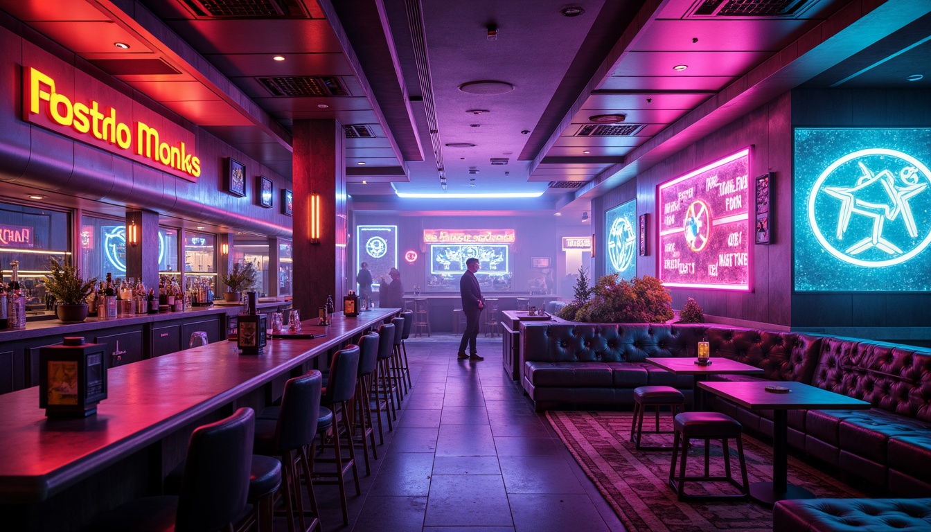 Prompt: Neon-lit bar interior, futuristic architecture, metallic accents, holographic displays, cyberpunk vibes, iridescent fabrics, shimmering curtains, LED-infused textiles, glowing neon signs, retro-futuristic furniture, space-age decor, sleek chrome surfaces, ambient electronic music, dimly lit atmosphere, 1/1 composition, cinematic lighting, high-tech materials, avant-garde design elements.