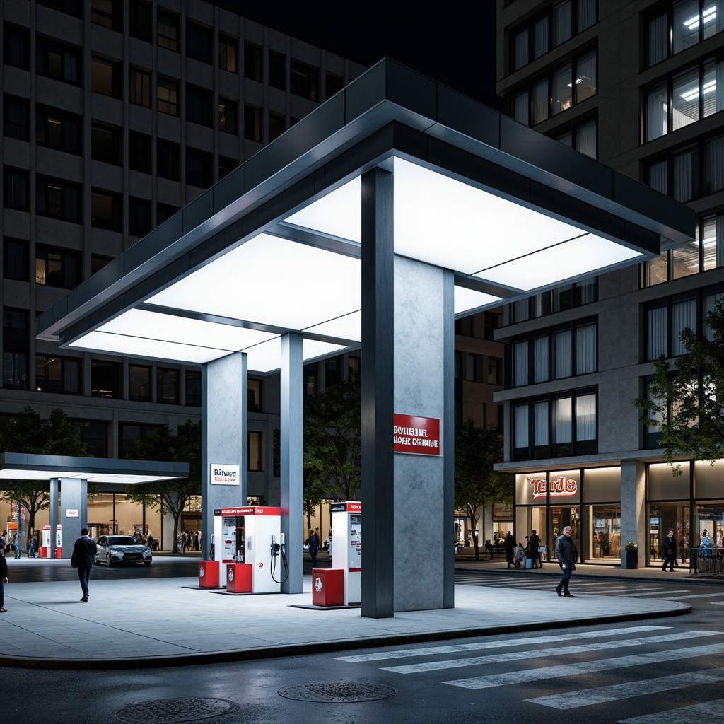 Prompt: Functional gas station, geometric shapes, industrial materials, steel beams, concrete pillars, minimalist aesthetic, bold typography, primary color scheme, functional lighting, urban landscape, busy streets, modern architecture, angular lines, rectangular forms, cantilevered canopies, futuristic vibe, high-contrast shadows, dramatic lighting effects, 1/1 composition, symmetrical framing, realistic textures, ambient occlusion.