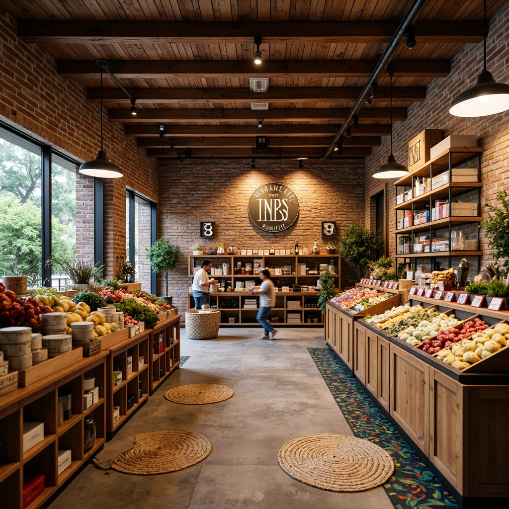 Prompt: Vibrant grocery store interior, eclectic style, distressed wood accents, reclaimed wooden crates, industrial metal shelving, exposed brick walls, polished concrete floors, colorful ceramic tiles, decorative pendant lamps, natural fiber rugs, woven wicker baskets, vintage-inspired signage, earthy tone color palette, warm ambient lighting, shallow depth of field, 1/1 composition, realistic textures, ambient occlusion.