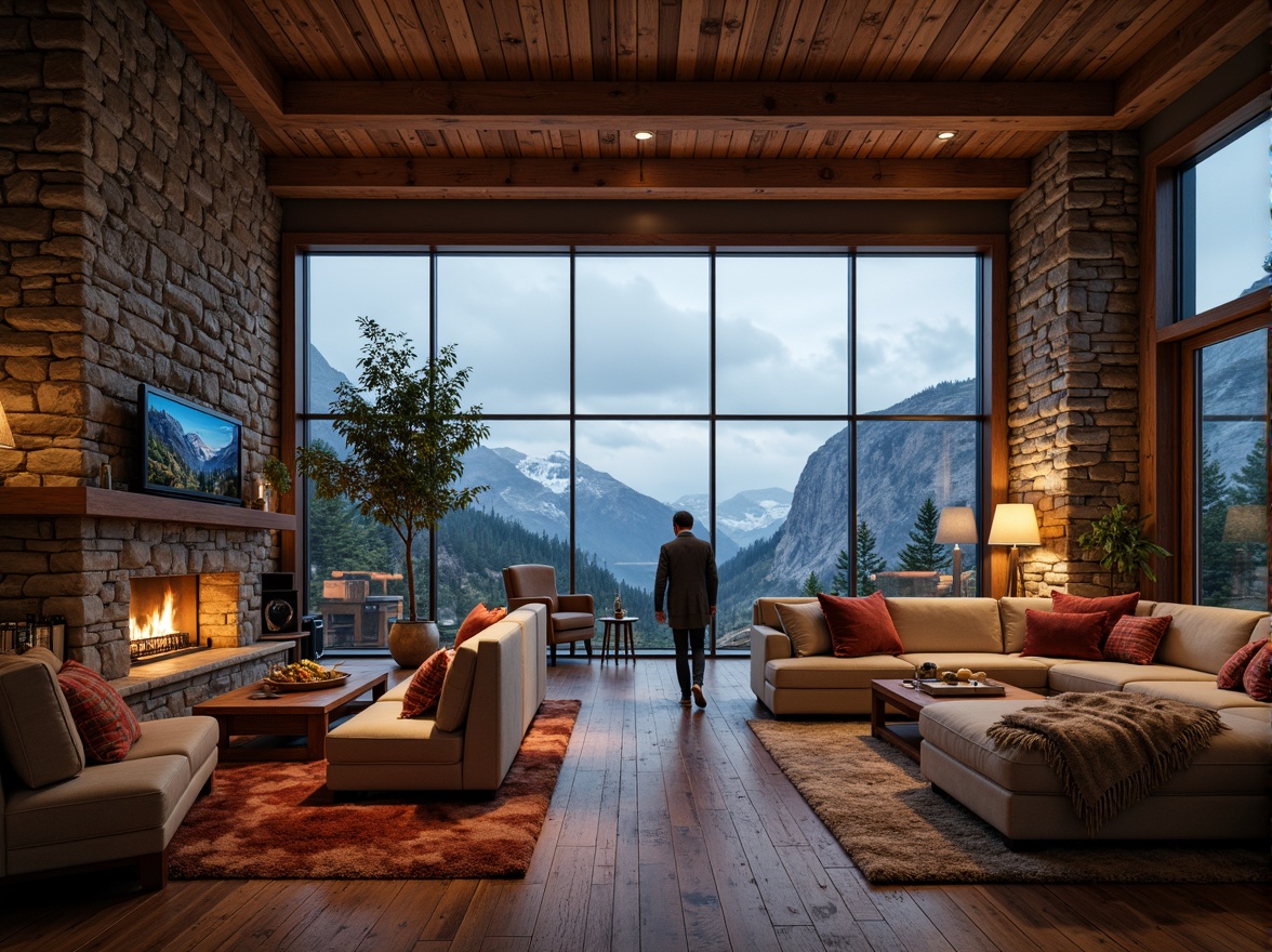 Prompt: Rustic mountain lodge, wooden accents, natural stone walls, earthy color palette, cozy fireplaces, warm ambient lighting, plush furnishings, reclaimed wood floors, metal roofing, industrial-chic decor, modern minimalist design, floor-to-ceiling windows, breathtaking mountain views, snow-capped peaks, misty atmosphere, soft focus, shallow depth of field, 1/2 composition, cinematic mood, realistic textures, subtle color grading.