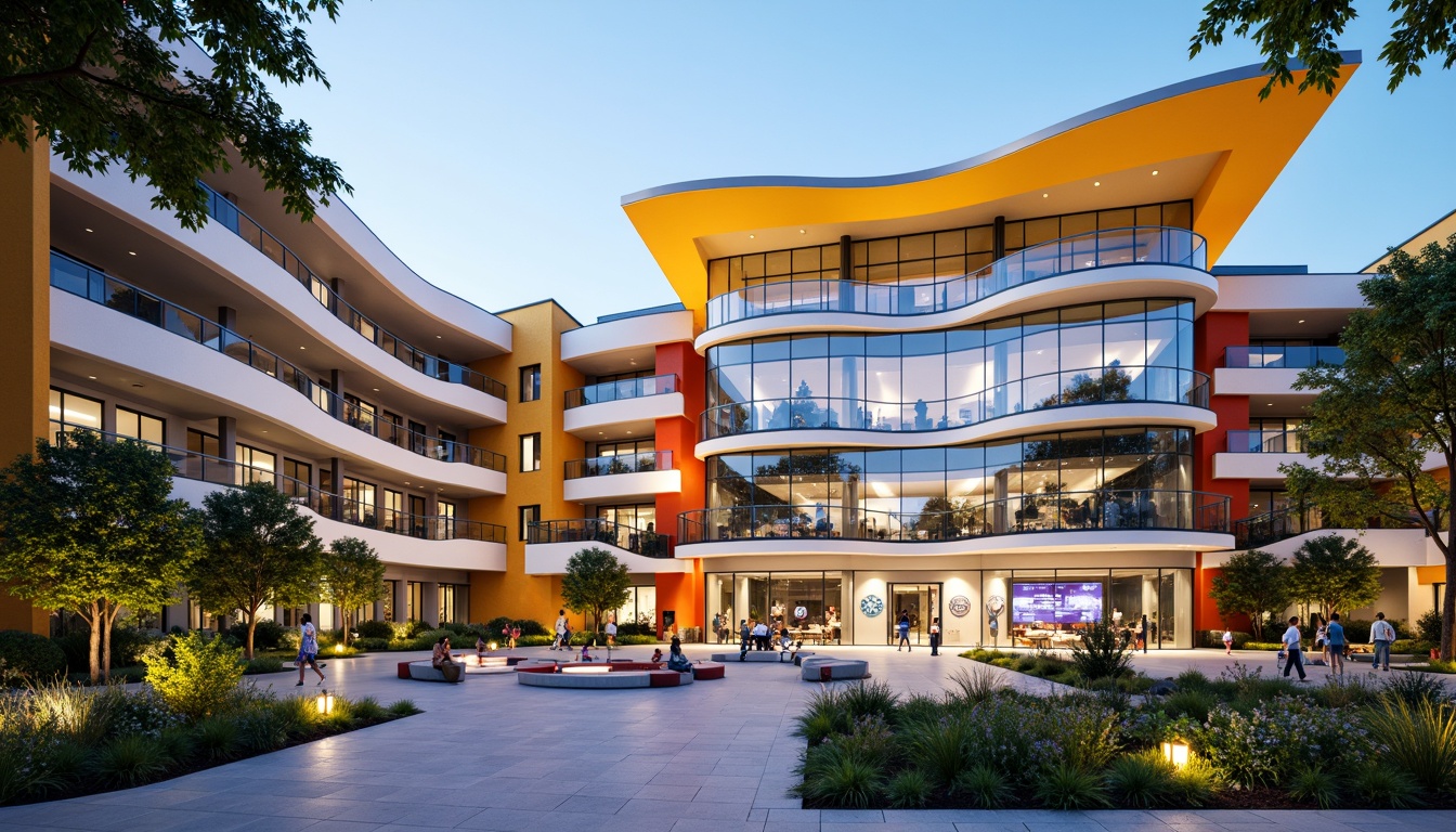 Prompt: Vibrant high school building, fusion architecture style, curved lines, dynamic shapes, bold color scheme, metallic materials, glass fa\u00e7ade, LED lighting system, modern entrance design, cantilevered rooflines, open-air courtyard, lush greenery, educational signage, interactive display screens, collaborative learning spaces, flexible seating arrangements, natural stone flooring, polished concrete walls, abundant daylighting, soft warm ambiance, shallow depth of field, 3/4 composition, panoramic view, realistic textures, ambient occlusion.