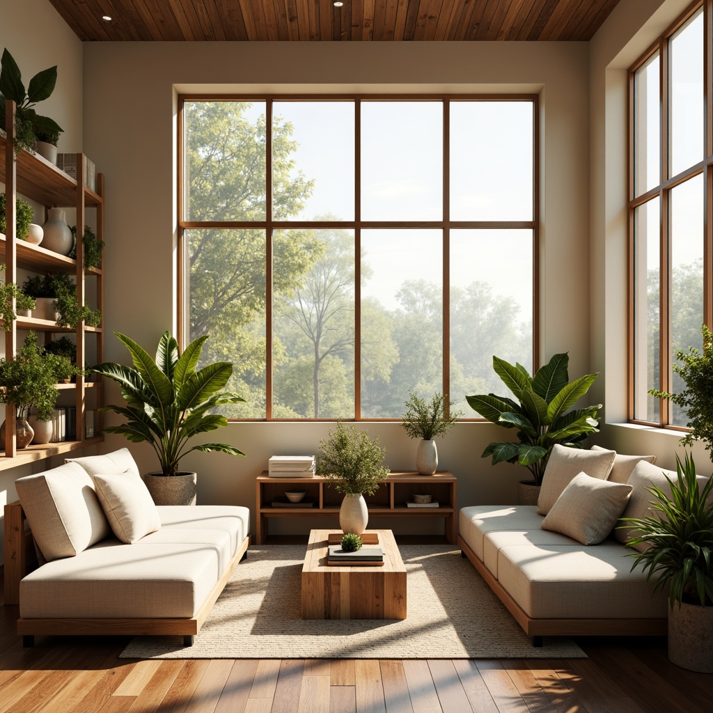 Prompt: Cozy living room, large windows, soft natural light, warm beige walls, comfortable sofas, wooden coffee tables, lush green plants, minimalist decor, subtle textures, ambient shadows, gentle color palette, inviting atmosphere, morning sunlight, indirect illumination, 1/1 composition, shallow depth of field, realistic rendering.