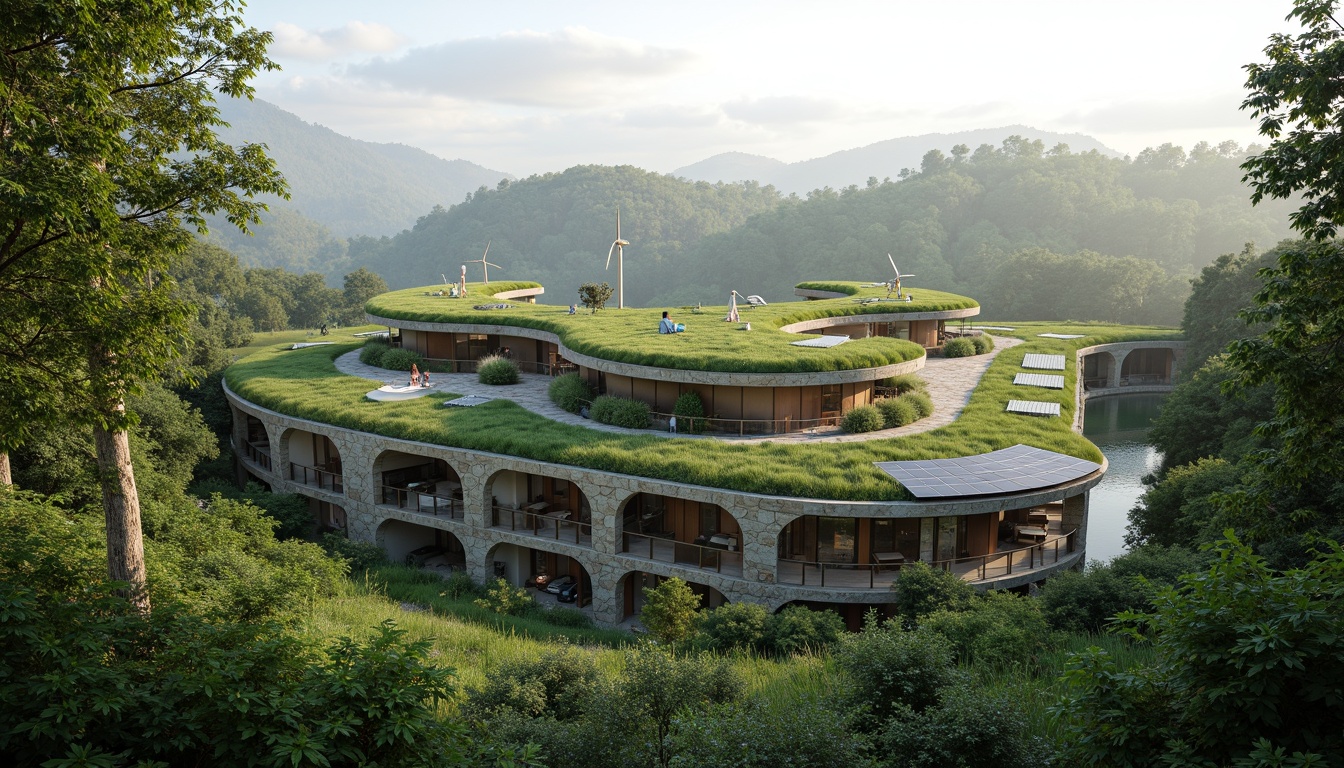 Prompt: Harmonious eco-friendly building, lush green roofs, living walls, solar panels, wind turbines, rainwater harvesting systems, natural stone fa\u00e7ades, curved lines, organic shapes, seamless integration with surroundings, serene forest environment, misty morning atmosphere, soft diffused lighting, shallow depth of field, 1/1 composition, realistic textures, ambient occlusion.