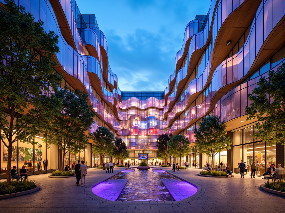 Prompt: Vibrant cultural center, undulating curves, dynamic LED lighting, translucent glass fa\u00e7ade, cantilevered rooflines, grand entrance plaza, water feature installations, lush green walls, natural stone cladding, modern minimalist architecture, angular lines, bold color schemes, geometric patterns, intricate mosaics, ornate metalwork, grand atrium spaces, soft warm lighting, shallow depth of field, 1/1 composition, realistic textures, ambient occlusion.