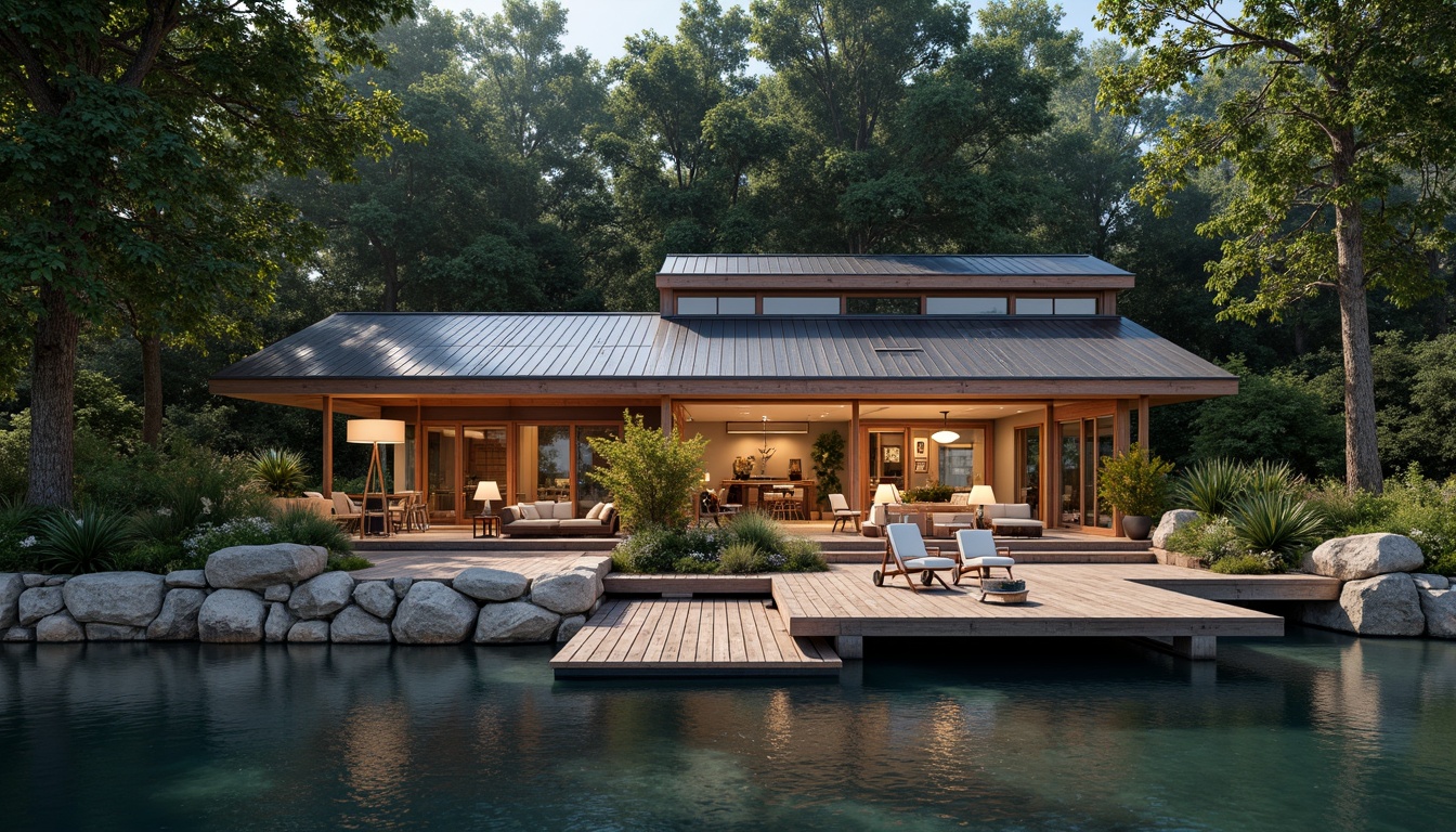 Prompt: Waterfront boathouse, rustic wooden docks, natural stone foundations, reclaimed wood accents, eco-friendly roofing materials, solar panels, rainwater harvesting systems, living green walls, nautical-themed decorative elements, cozy interior spaces, warm ambient lighting, shallow depth of field, 1/1 composition, realistic textures, soft focus effect.