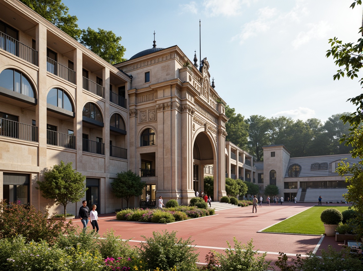 Prompt: Grandiose neoclassical stadium, symmetrical fa\u00e7ade, ornate columns, arches, domed roof, marble flooring, intricate moldings, regal balconies, majestic entrance gates, lush greenery, vibrant flowers, athletic tracks, sports equipment, tiered seating, grandstands, Olympic torch, sunny day, soft warm lighting, shallow depth of field, 3/4 composition, panoramic view, realistic textures, ambient occlusion.