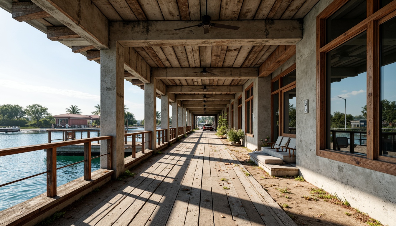 Prompt: Weathered wooden docks, rusty metal railings, driftwood accents, ocean-battered concrete walls, salt-resistant glass windows, coral-inspired stonework, seaweed-covered roofs, beachy sandy floors, nautical-themed decorative elements, distressed finishes, weathered steel beams, ocean-blue color palette, natural textures, earthy tones, 1/2 composition, warm soft lighting, shallow depth of field, realistic reflections.