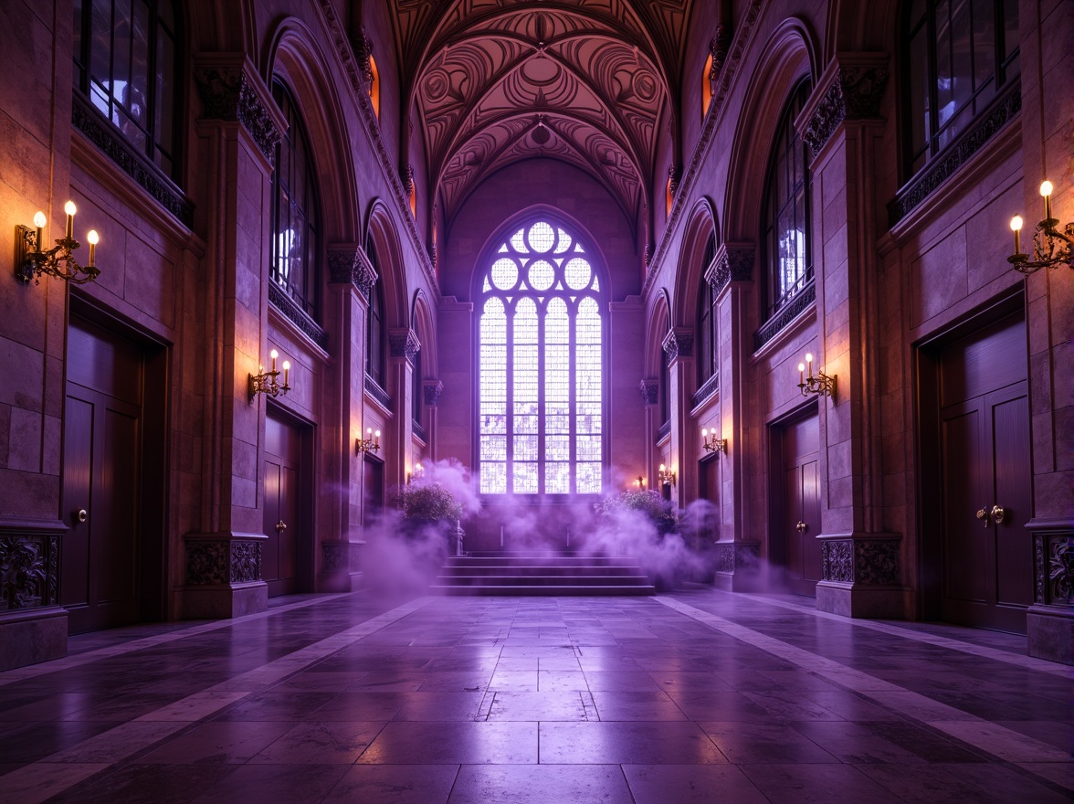 Prompt: Rich amethyst hues, luxurious velvet textures, ornate Gothic arches, grandiose cathedral ceilings, mystical purple mist, lavish jewel-toned accents, regal crown molding, opulent marble floors, intricate stone carvings, majestic stained glass windows, warm golden lighting, dramatic shadows, 1/2 composition, low-angle shot, cinematic atmosphere, realistic reflections.