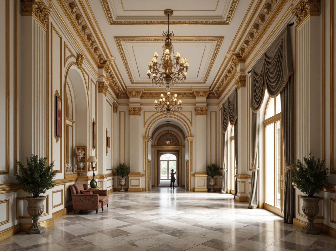 Prompt: Rich gold accents, creamy whites, soft grays, warm beige tones, ornate carvings, intricate moldings, grandiose columns, sweeping arches, lavish ornamentation, opulent chandeliers, luxurious textiles, velvet drapes, marble floors, polished wood paneling, stately foyers, imposing facades, dramatic lighting, high contrast shadows, 1/2 composition, symmetrical framing, ornate details, realistic reflections, ambient occlusion.