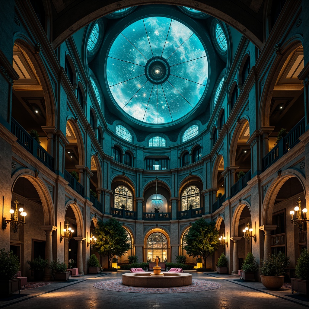 Prompt: Dark mysterious planetarium, gothic arches, celestial bodies, starry night sky, rich jewel-toned colors, emerald green, sapphire blue, amethyst purple, gold accents, intricate stone carvings, ornate metalwork, stained glass windows, grandiose chandeliers, mystical ambiance, soft ethereal lighting, dramatic shadows, 1/1 composition, symmetrical framing, high contrast ratio, cinematic atmosphere.