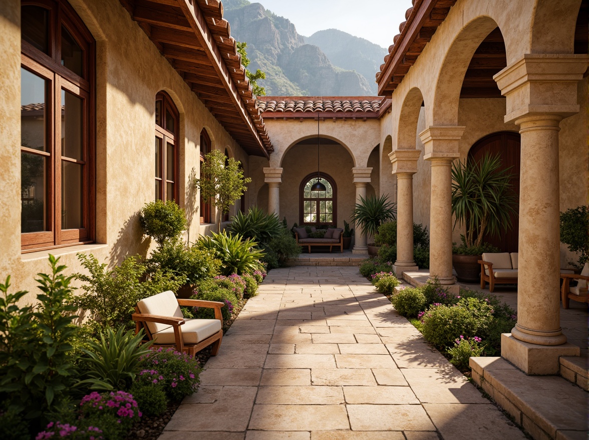 Prompt: Earthy tones, warm beige, rustic red, weathered wood, natural stone, terracotta roofs, ornate tile work, curved arches, decorative ironwork, lush greenery, vibrant flowers, regional cultural patterns, traditional craftsmanship, cozy intimate spaces, soft warm lighting, shallow depth of field, 3/4 composition, panoramic view, realistic textures, ambient occlusion.