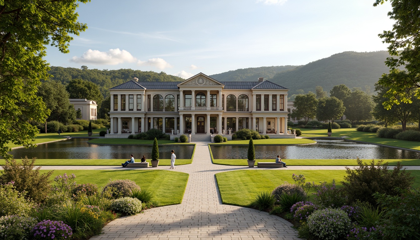 Prompt: Grand neoclassical mansion, symmetrical facade, ornate columns, carved stone details, lush greenery, rolling hills, serene lake, walking paths, benches, classical statues, vibrant flowers, blooming trees, sunny day, soft warm lighting, shallow depth of field, 3/4 composition, panoramic view, realistic textures, ambient occlusion, harmonious integration with nature, elegant landscaping, manicured lawns, decorative fountains, ornate iron gates.