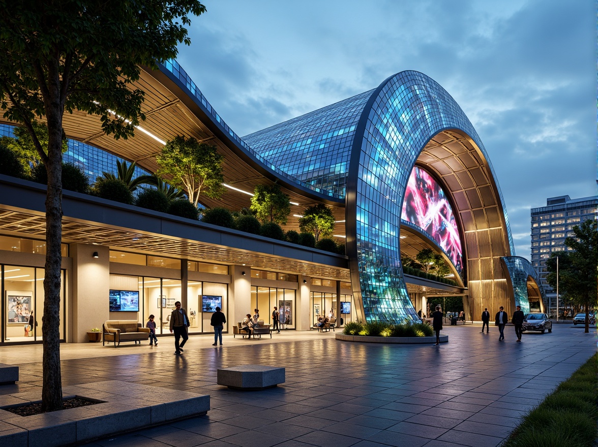 Prompt: Curved bus station, undulating rooflines, organic shapes, futuristic architecture, iridescent glass fa\u00e7ade, wavy metal panels, fluidic structures, natural stone flooring, lush green walls, vibrant public art installations, dynamic LED lighting, shallow depth of field, 1/1 composition, panoramic view, realistic textures, ambient occlusion.