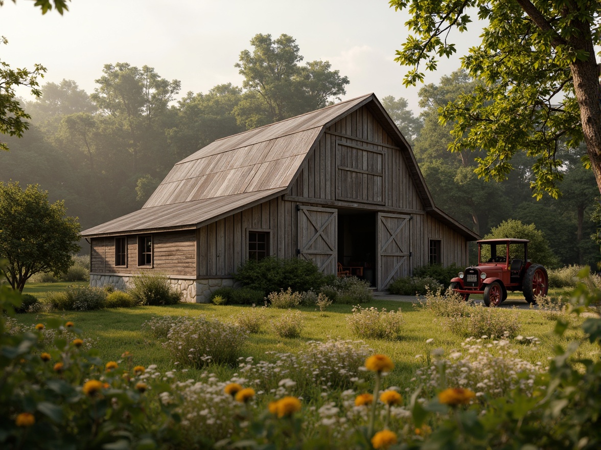 Prompt: Rustic barn, weathered wood planks, distressed finishes, earthy tones, natural stone foundations, wooden shutters, corrugated metal roofs, vintage farm equipment, overgrown wildflowers, lush greenery, misty morning, soft warm lighting, shallow depth of field, 3/4 composition, panoramic view, realistic textures, ambient occlusion.