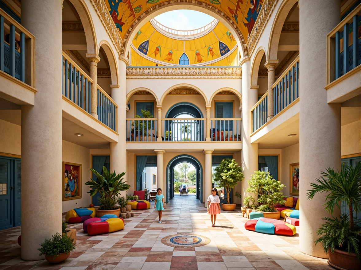 Prompt: Vibrant kindergarten, Byzantine architecture style, warm golden domes, bright blue accents, intricate stone carvings, ornate mosaics, playful frescoes, colorful ceramic tiles, soft pastel hues, creamy whites, rich wood tones, cozy reading nooks, whimsical murals, sunny atriums, natural light pouring in, shallow depth of field, 1/1 composition, warm soft focus, inviting textures, ambient occlusion.