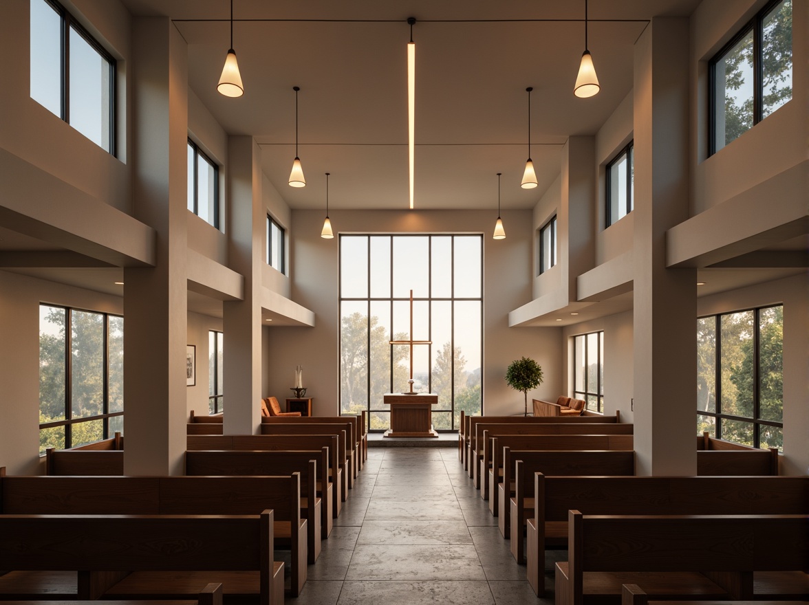 Prompt: Minimalist church interior, sleek modern architecture, clean lines, monochromatic color scheme, subtle ambient lighting, warm LED strips, recessed ceiling lights, suspended pendant lamps, polished chrome fixtures, frosted glass diffusers, natural stone flooring, wooden pews, stained glass windows, soft warm glow, 1/1 composition, shallow depth of field, realistic textures, ambient occlusion.