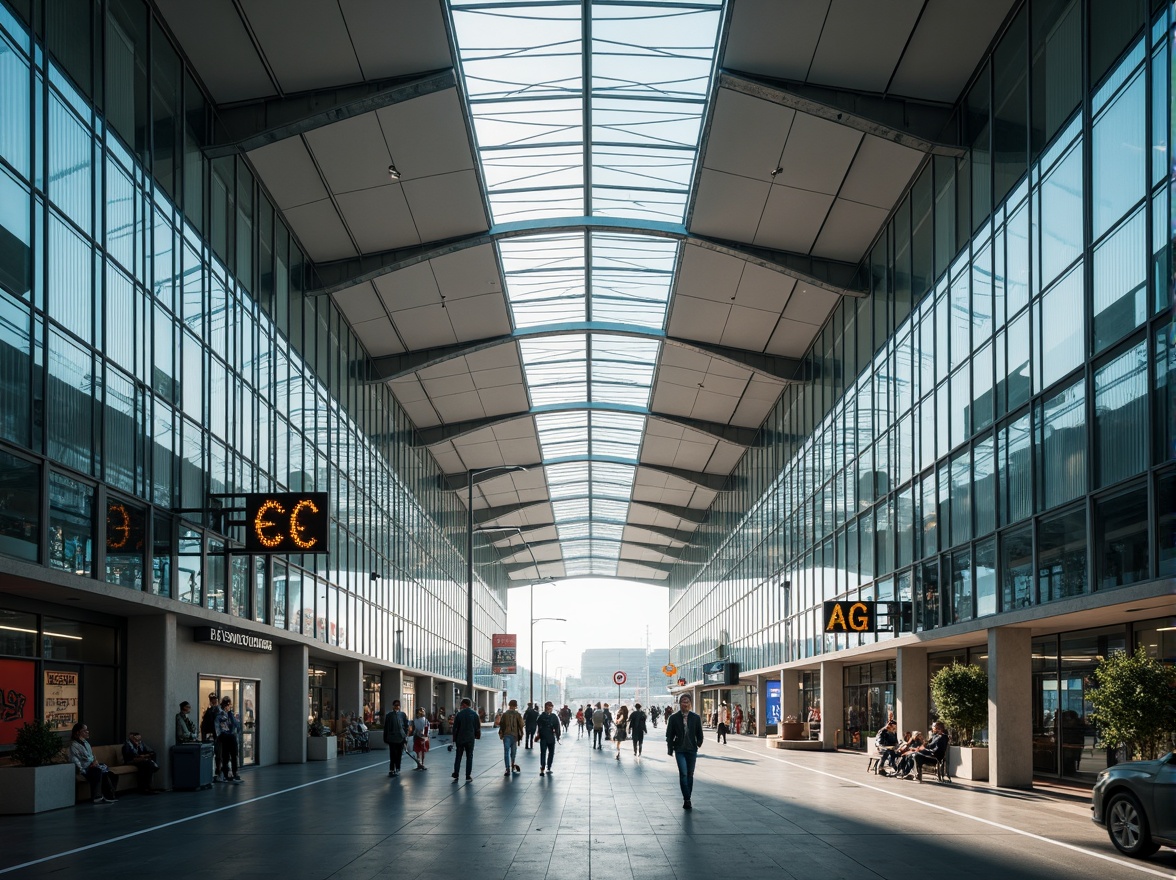 Prompt: Aerodynamic airport terminal, cantilevered roofs, angular steel beams, glass curtain walls, minimalist interior design, industrial chic aesthetic, exposed ductwork, polished concrete floors, modernist architecture, asymmetrical facades, dynamic lighting systems, LED signage, futuristic ambiance, bustling atmosphere, morning sunlight, shallow depth of field, 1/2 composition, realistic reflections, ambient occlusion.