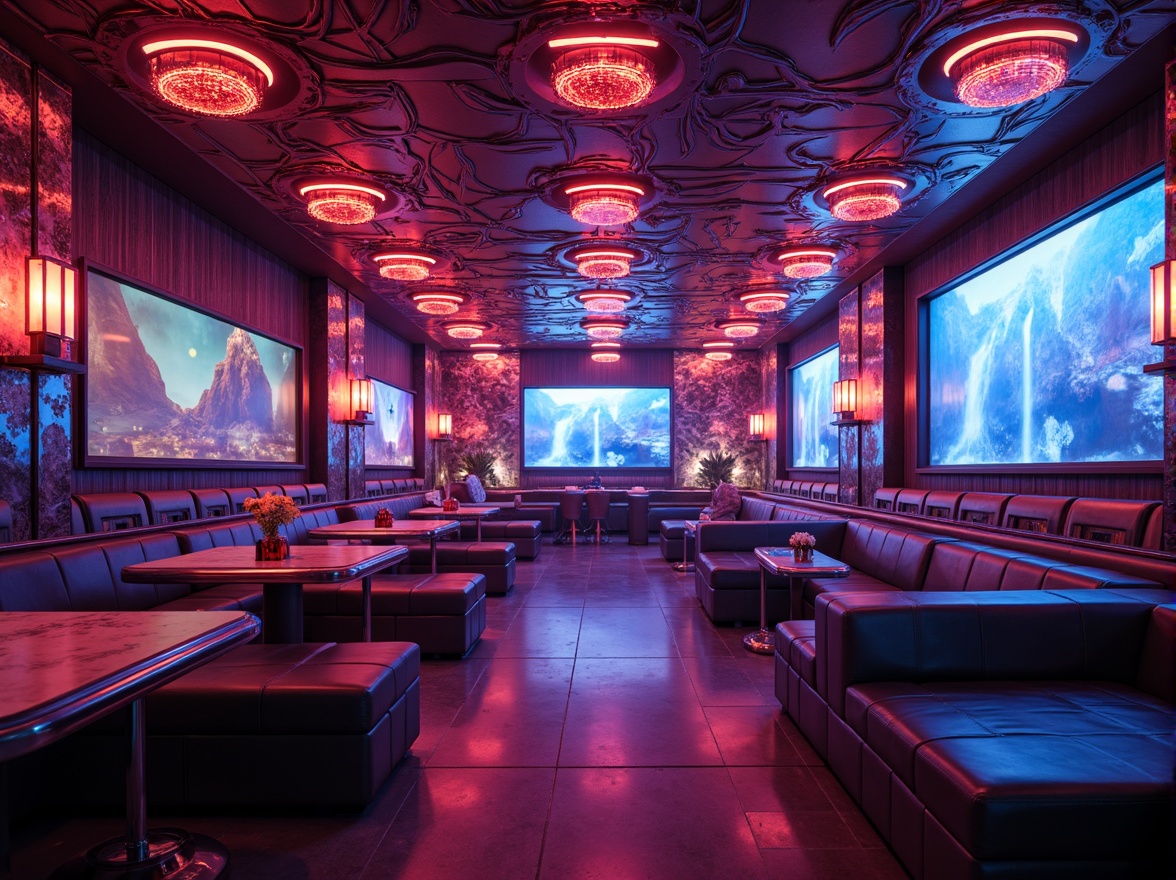 Prompt: Neon-lit bar interior, futuristic architecture, metallic accents, holographic displays, cyberpunk vibes, iridescent fabrics, shimmering curtains, LED-infused textiles, glowing neon signs, retro-futuristic furniture, space-age decor, sleek chrome surfaces, high-tech gadgetry, ambient electronic music, dimly lit atmosphere, 1/1 composition, cinematic lighting, realistic reflections, detailed normal maps.