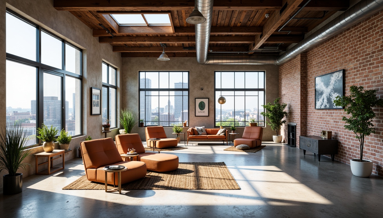 Prompt: Exposed ductwork, industrial pipes, reclaimed wood accents, metal beams, concrete floors, brick walls, large windows, skylights, open floor plans, minimalist decor, functional spaces, eclectic furniture, vintage decorative items, bold color schemes, abstract artwork, urban cityscape views, natural light pouring in, high ceilings, airy atmosphere, 3/4 composition, shallow depth of field, realistic textures, ambient occlusion.