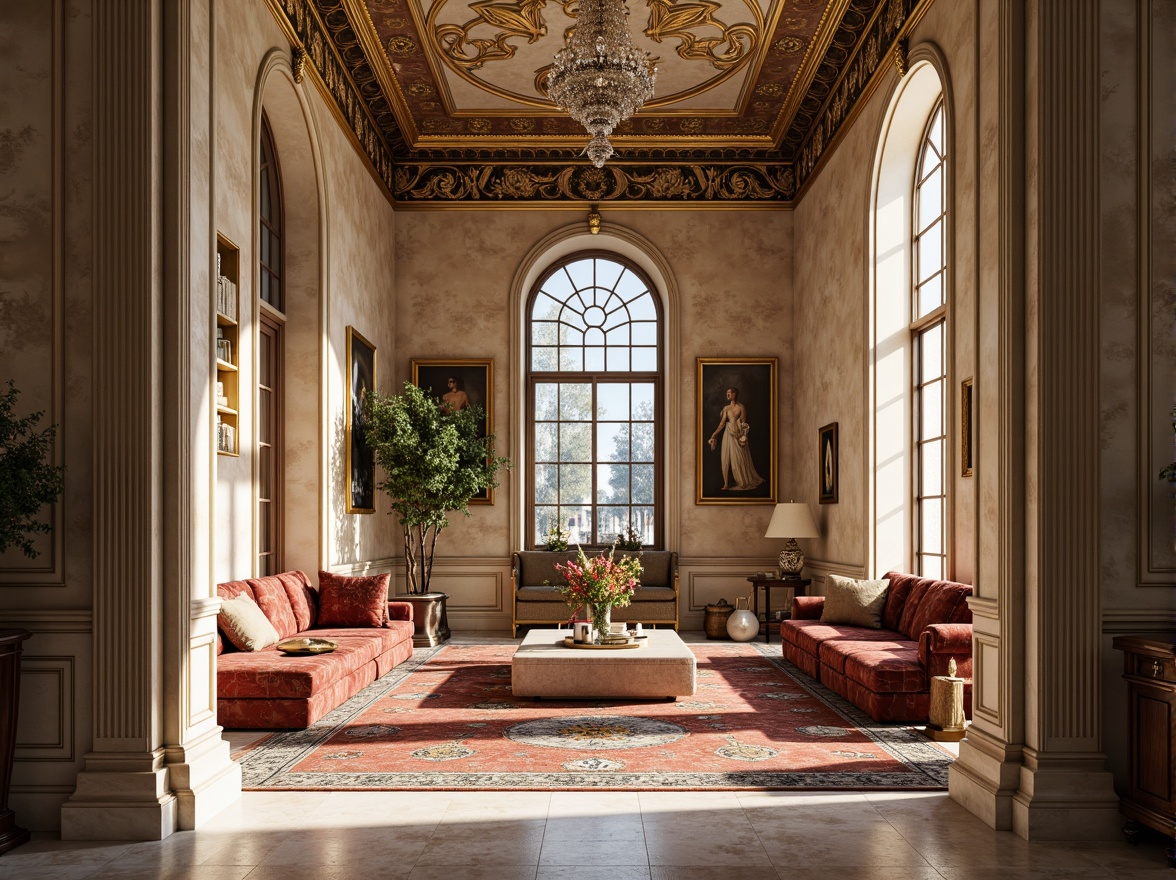 Prompt: Intricate marble patterns, ornate gold accents, luxurious velvet fabrics, rich wood grain textures, polished bronze details, grandiose columns, symmetrical archways, opulent crystal chandeliers, lavish fresco ceilings, stately stone statues, refined silk upholstery, majestic crown molding, sophisticated neutral color palette, soft warm lighting, shallow depth of field, 1/1 composition, realistic reflections, ambient occlusion.