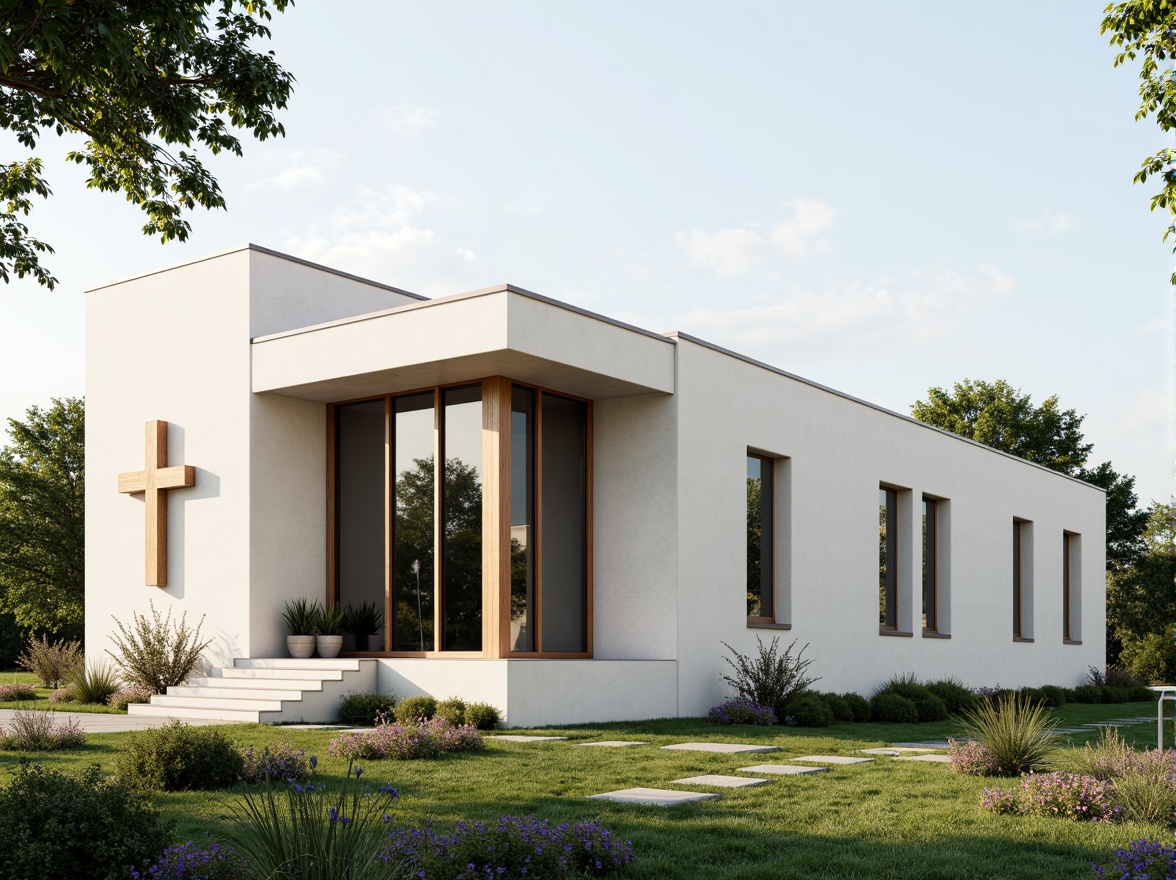 Prompt: Minimalist church facade, clean lines, rectangular forms, large glass windows, steel frames, modern cross designs, subtle stone accents, neutral color palette, natural light illumination, shallow depth of field, 3/4 composition, panoramic view, realistic textures, ambient occlusion, serene atmosphere, peaceful surroundings, lush greenery, blooming flowers, sunny day, soft warm lighting.