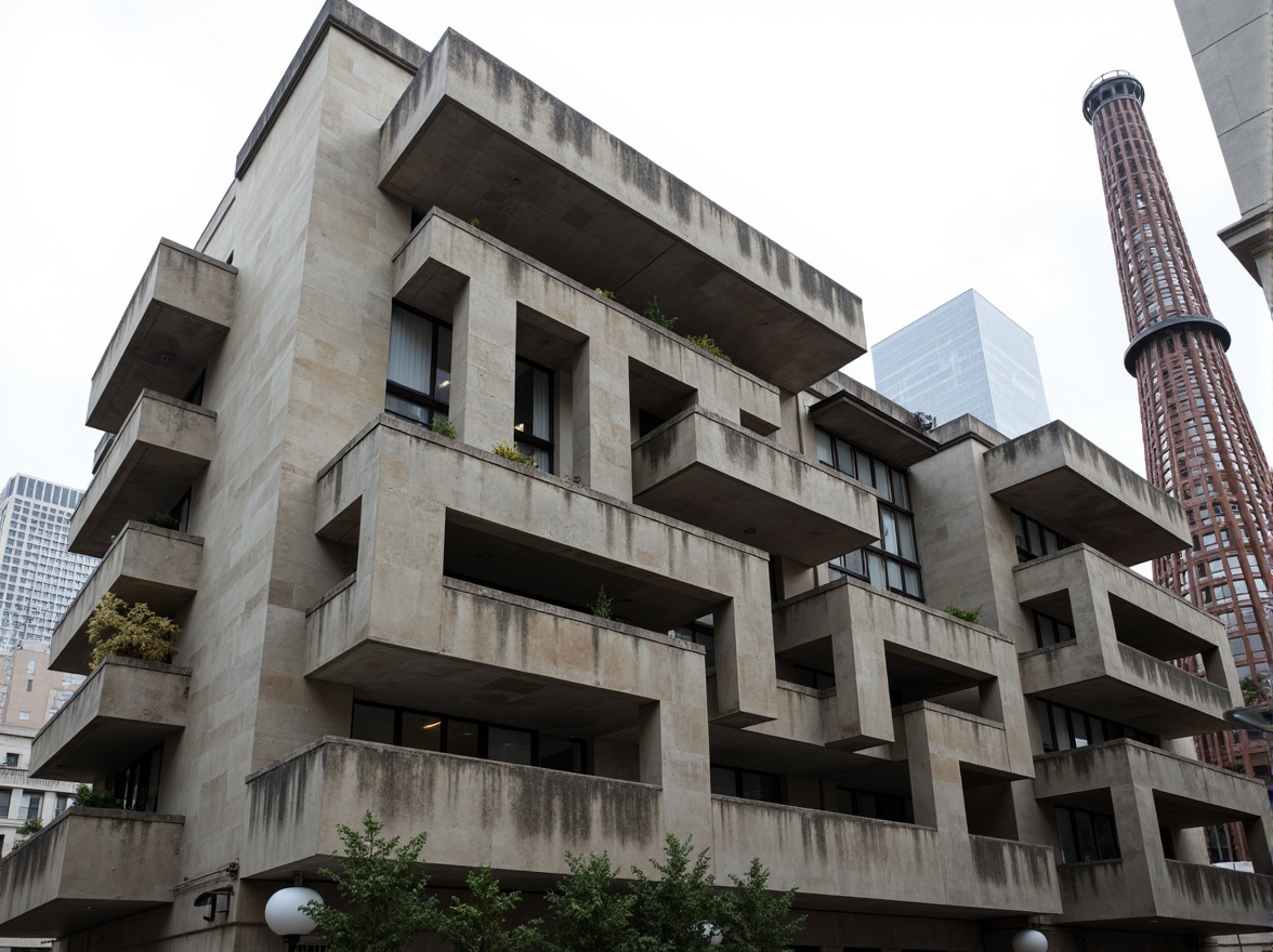 Prompt: Rugged brutalist building, rough-hewn concrete walls, weathered stone fa\u00e7ade, geometric patterns, fortress-like structure, dramatic cantilevered sections, industrial metal accents, raw unfinished surfaces, bold monumental scale, urban cityscape background, overcast sky, diffused natural light, high-contrast shadows, 1/2 composition, low-angle shot, gritty realistic textures, ambient occlusion.