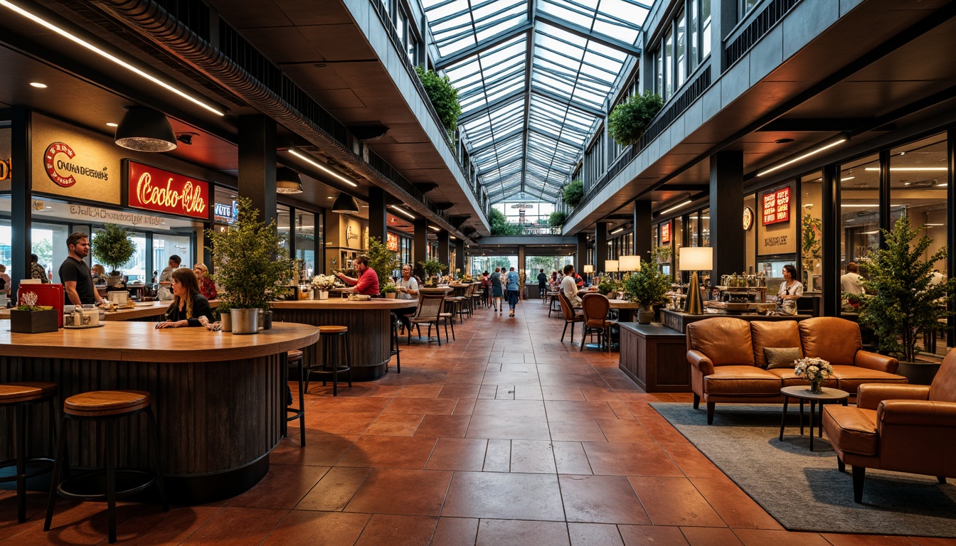 Prompt: Monochromatic modern market, sleek glass roofs, polished metal accents, industrial chic atmosphere, exposed ductwork, reclaimed wood textures, urban cityscape backdrop, vibrant neon signage, eclectic mix of vintage and contemporary furniture, rich terracotta flooring, warm golden lighting, shallow depth of field, 1/1 composition, realistic reflections, ambient occlusion.