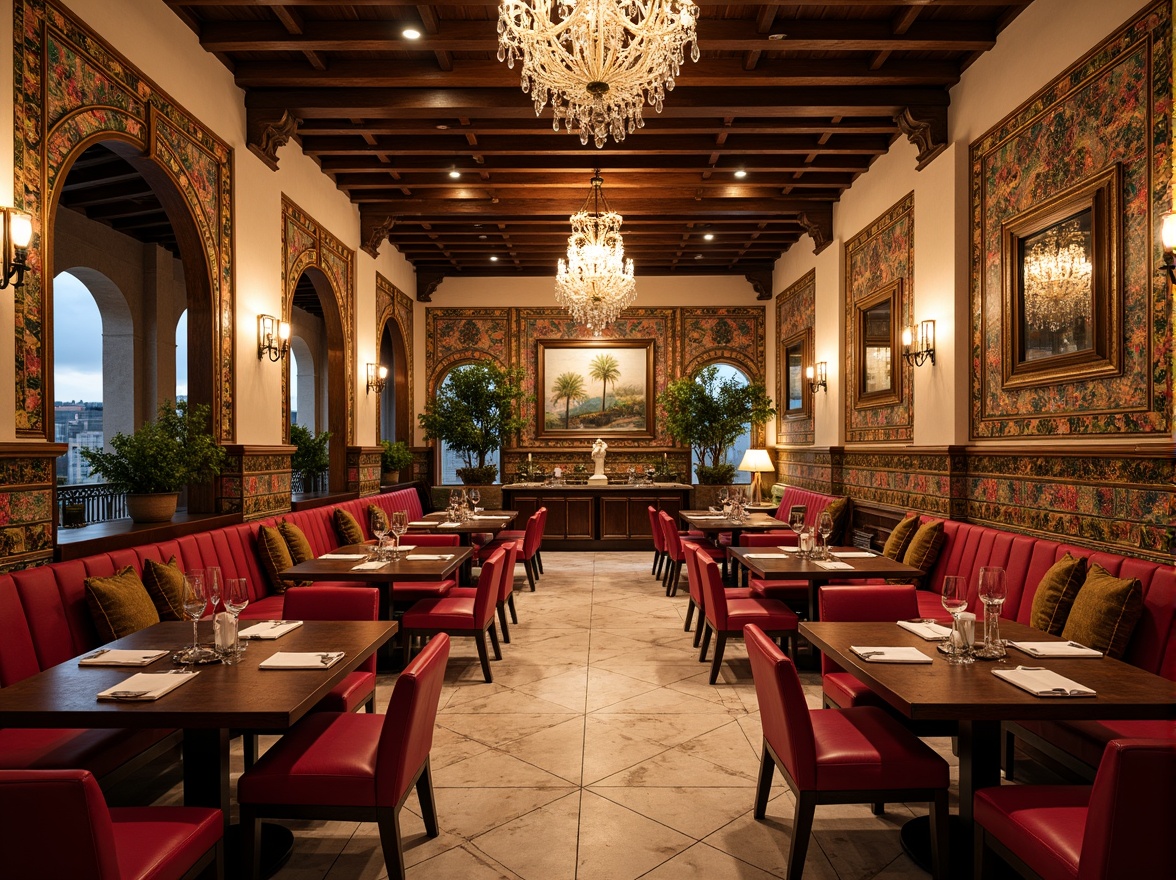 Prompt: Vibrant dining hall, ornate mosaic walls, intricate tile patterns, luxurious chandeliers, polished marble floors, elegant wooden tables, comfortable velvet chairs, ambient warm lighting, shallow depth of field, 1/1 composition, realistic textures, rich colors, Mediterranean-inspired decor, lavish furnishings, sophisticated atmosphere, fine dining experience.