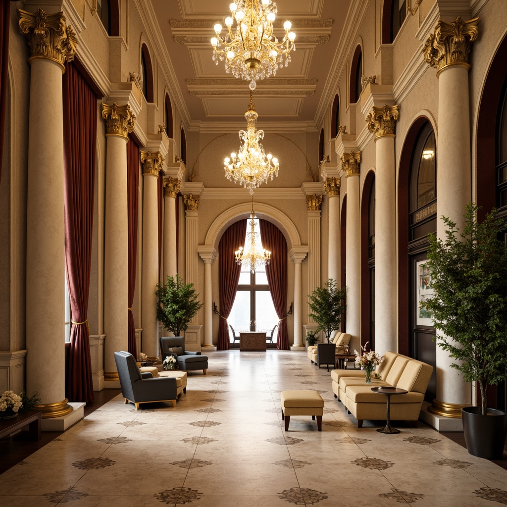 Prompt: Grand hotel lobby, ornate columns, intricately carved capitals, polished marble floors, elegant chandeliers, luxurious furnishings, rich velvet drapes, golden accents, symmetrical composition, classical arches, ornamental moldings, subtle lighting, warm beige tones, refined textures, shallow depth of field, 1/1 composition, realistic reflections, ambient occlusion.