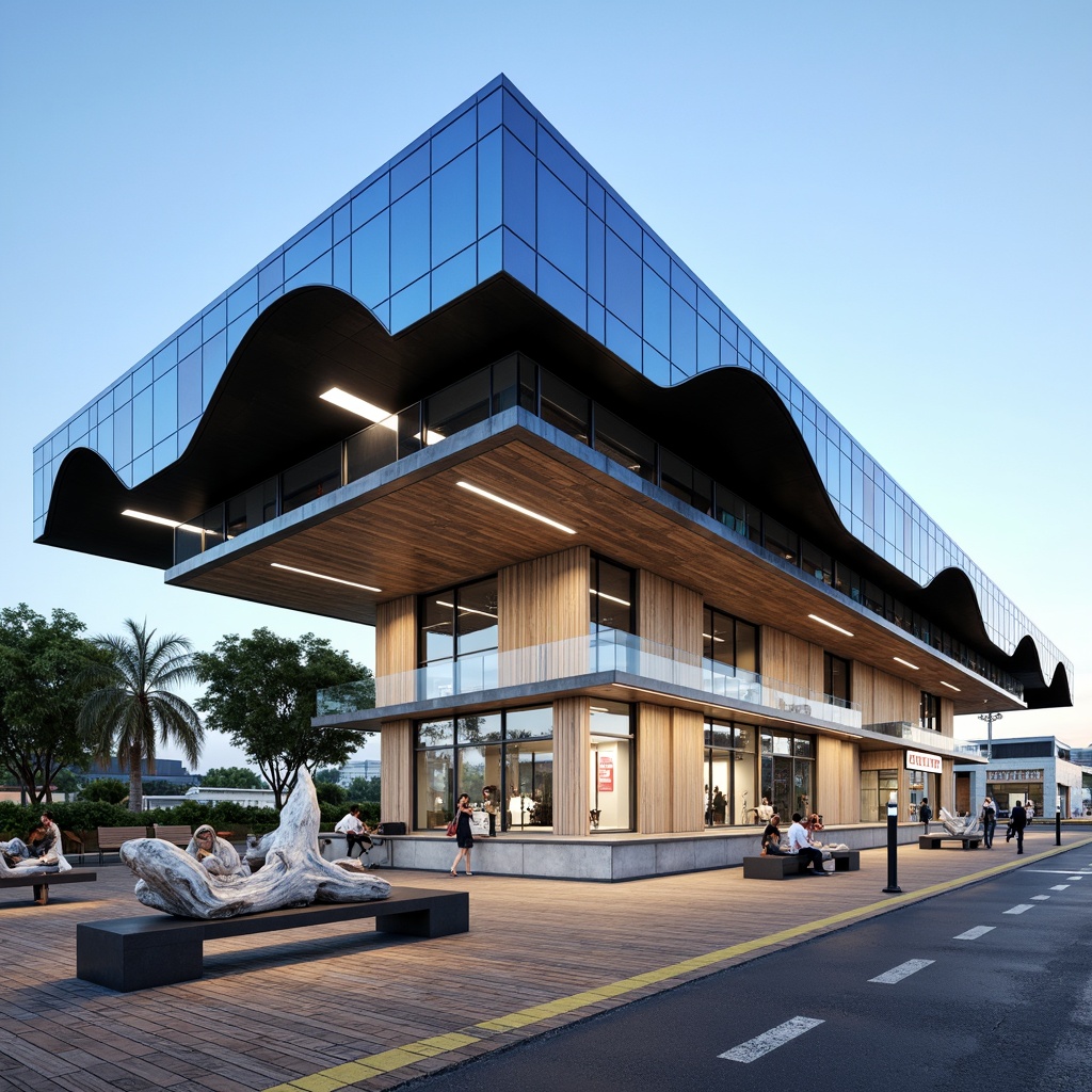 Prompt: Wave-inspired tram station, ocean-blue glazed fa\u00e7ade, undulating roofline, cantilevered canopies, rust-resistant metal cladding, weathered wood accents, nautical-themed signage, LED lighting strips, transparent glass walls, minimalist interior design, sleek benches, modern information displays, sea-breeze ventilation systems, salt-tolerant landscaping, driftwood sculptures, beach-inspired color palette, soft morning light, shallow depth of field, 1/2 composition, realistic textures, ambient occlusion.