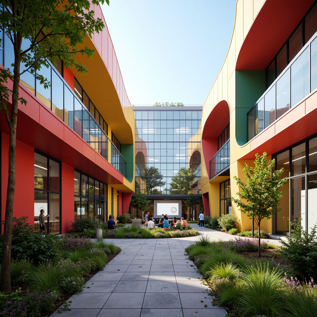 Prompt: Vibrant high school building, fusion architecture style, curved lines, dynamic shapes, bold color scheme, metallic materials, transparent glass walls, open-air courtyard, lush greenery, educational signage, modern furniture, collaborative learning spaces, flexible classrooms, interactive whiteboards, natural stone flooring, abundant daylight, soft warm lighting, shallow depth of field, 3/4 composition, panoramic view, realistic textures, ambient occlusion.