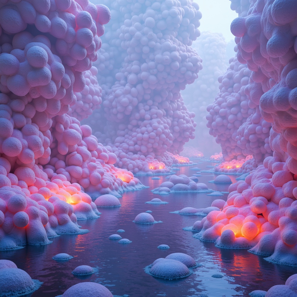 Prompt: Vibrant blob-like structures, iridescent colors, shimmering effects, neon hues, pastel shades, soft gradients, glowing accents, luminescent materials, futuristic ambiance, sci-fi inspired design, abstract shapes, organic forms, fluid dynamics, dreamy atmosphere, surreal landscapes, misty backgrounds, ethereal lighting, 3/4 composition, panoramic view, realistic textures, ambient occlusion.