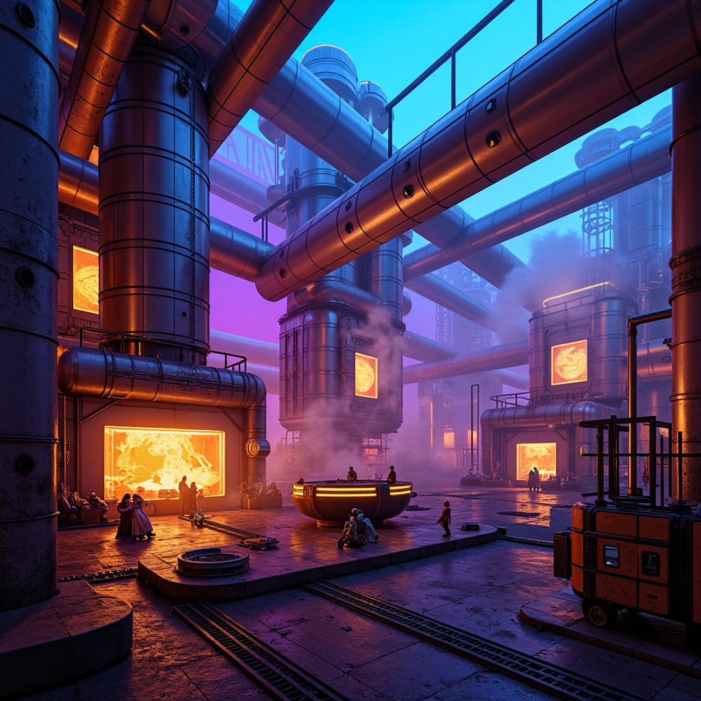 Prompt: Vibrant energy plant, neon-lit pipes, glowing orbs, metallic structures, industrial machinery, futuristic architecture, bold color blocking, high-contrast lighting, electric blue accents, fiery orange hues, radiant yellow highlights, deep purple shadows, abstract geometric patterns, 3D modeling, low-poly textures, atmospheric fog, dramatic camera angles, cinematic composition, dynamic simulations.