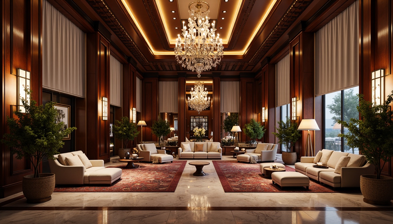 Prompt: Luxurious interior, rich wood accents, polished marble floors, velvety soft carpets, metallic gold fixtures, crystal chandeliers, opulent fabrics, plush upholstery, intricate patterns, high-gloss finishes, ambient warm lighting, shallow depth of field, 1/1 composition, realistic textures, detailed normal maps.