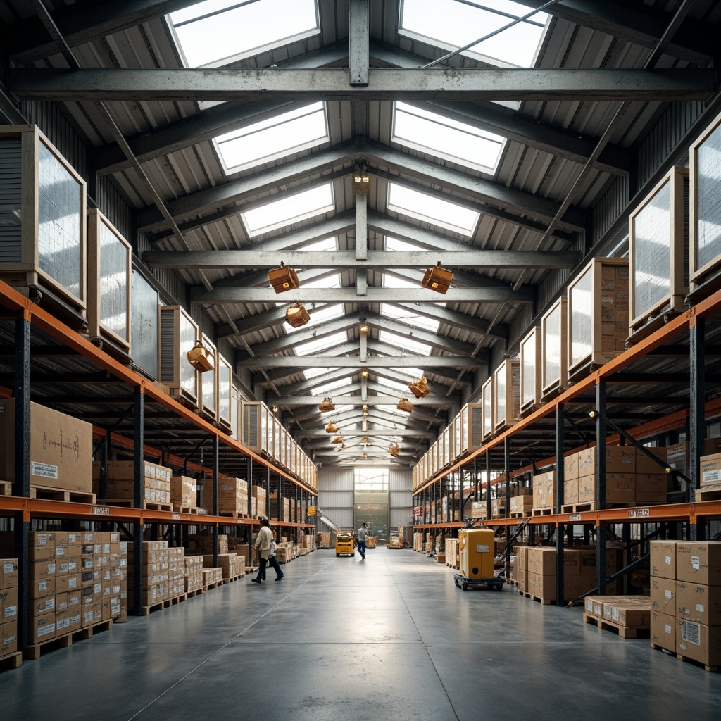 Prompt: Industrial distribution center, high ceilings, exposed ductwork, polished concrete floors, metal shelving units, natural light pouring in through skylights, clerestory windows, translucent panels, soft warm illumination, minimal artificial lighting, open floor plan, functional layout, modern industrial design, steel beams, wooden crates, cardboard boxes, busy warehouse atmosphere, shallow depth of field, 1/1 composition, realistic textures, ambient occlusion.