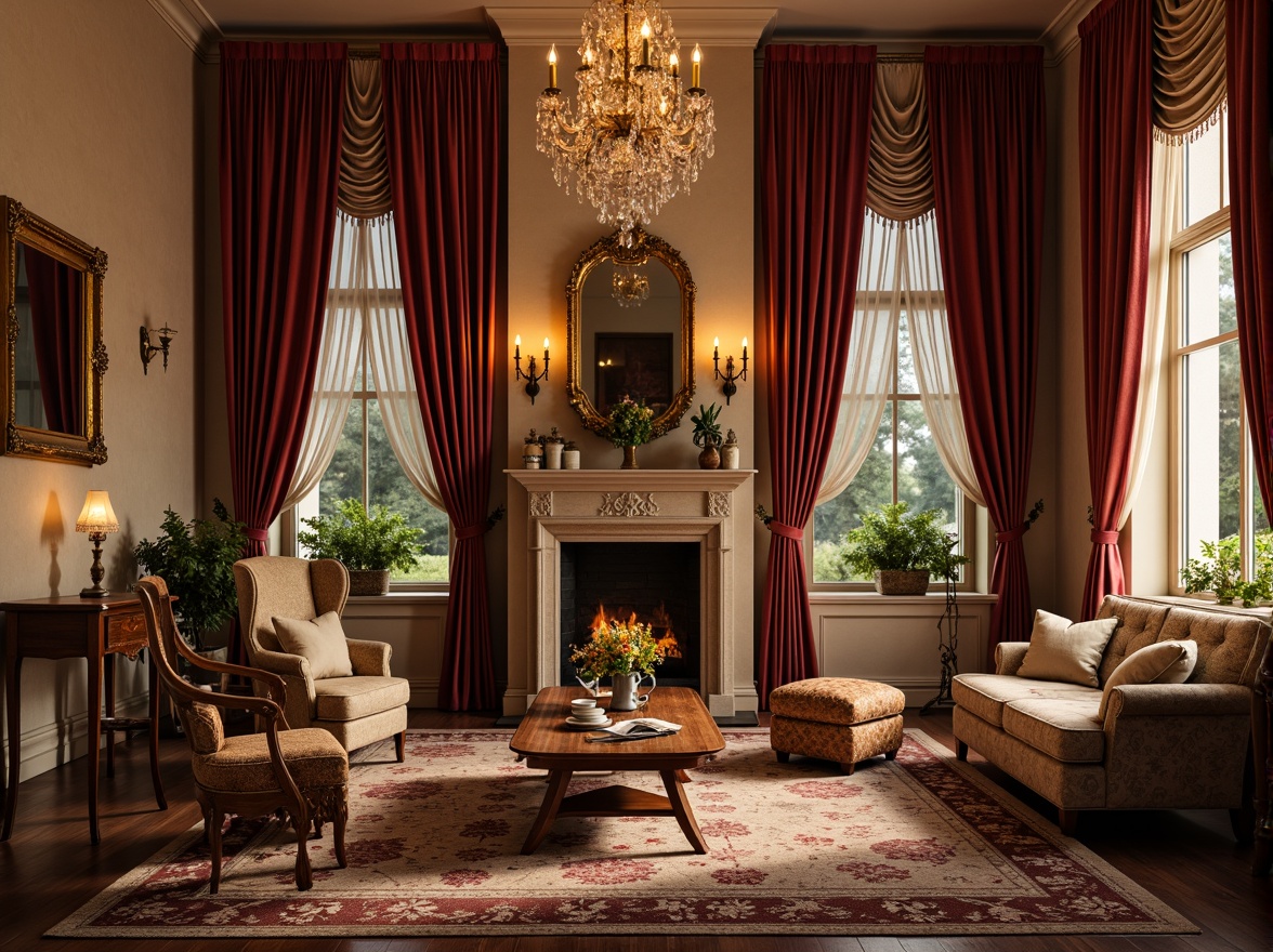 Prompt: Luxurious velvet drapes, ornate golden frames, soft candlelight, distressed wooden furniture, plush area rugs, vintage floral patterns, delicate lace curtains, antique decorative accents, rich jewel-toned colors, opulent crystal chandeliers, intimate cozy nooks, curved lines, whimsical feminine touches, warm beige walls, rustic stone fireplaces, lavish tufted upholstery, dreamy ethereal ambiance, shallow depth of field, 1/1 composition, soft focus, warm golden lighting.