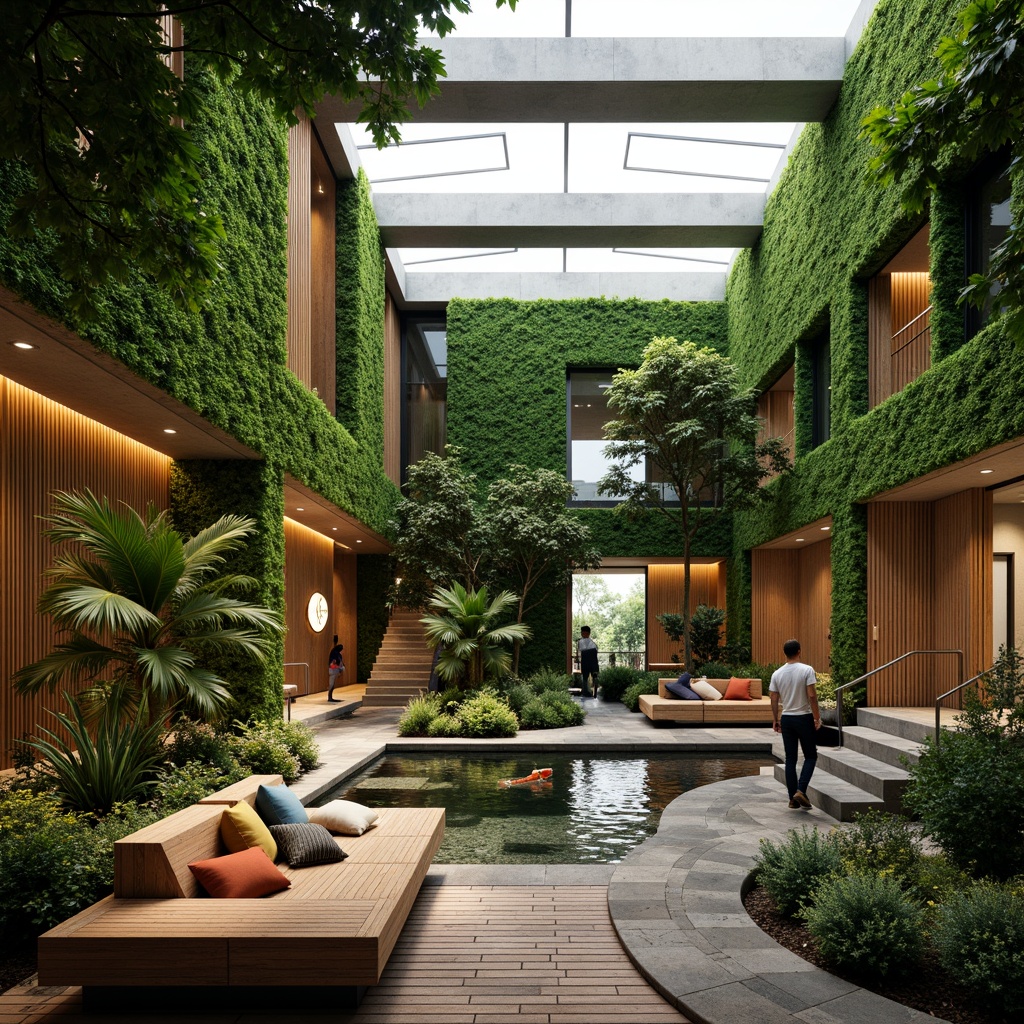 Prompt: Lush green walls, natural stone floors, reclaimed wood accents, living roofs, verdant courtyards, organic shapes, curved lines, earthy tones, abundant daylight, clerestory windows, skylights, solar tubes, bioluminescent lighting, water features, koi ponds, green screens, trellises, vines, botanical patterns, natural ventilation systems, passive design strategies, sustainable building materials, eco-friendly furnishings, serene ambiance, soft warm lighting, shallow depth of field, 3/4 composition, panoramic view, realistic textures, ambient occlusion.