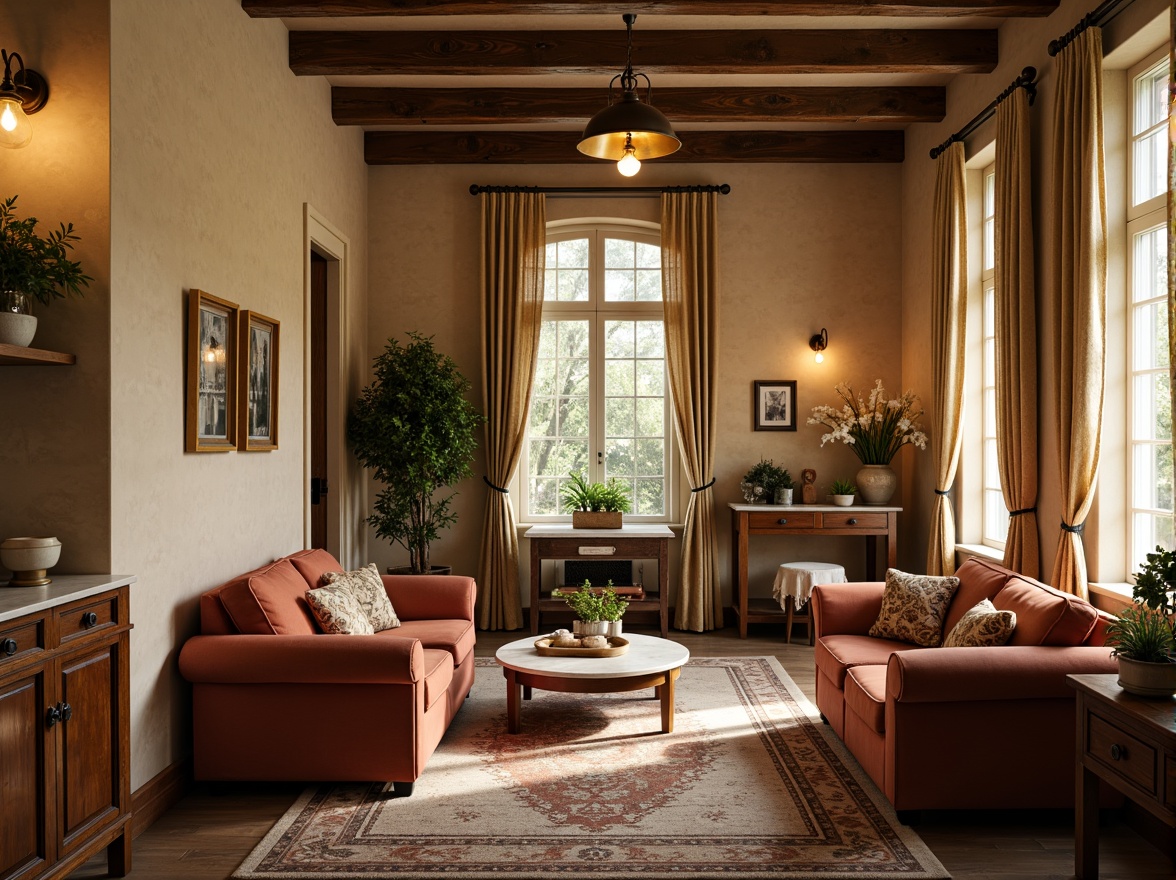 Prompt: Warm beige walls, soft velvet sofas, distressed wood flooring, ornate metal fixtures, vintage pendant lamps, plush area rugs, rich walnut cabinetry, creamy marble countertops, delicate lace curtains, antique furniture pieces, rustic brick accents, warm golden lighting, shallow depth of field, 1/1 composition, intimate atmosphere, realistic textures, ambient occlusion.