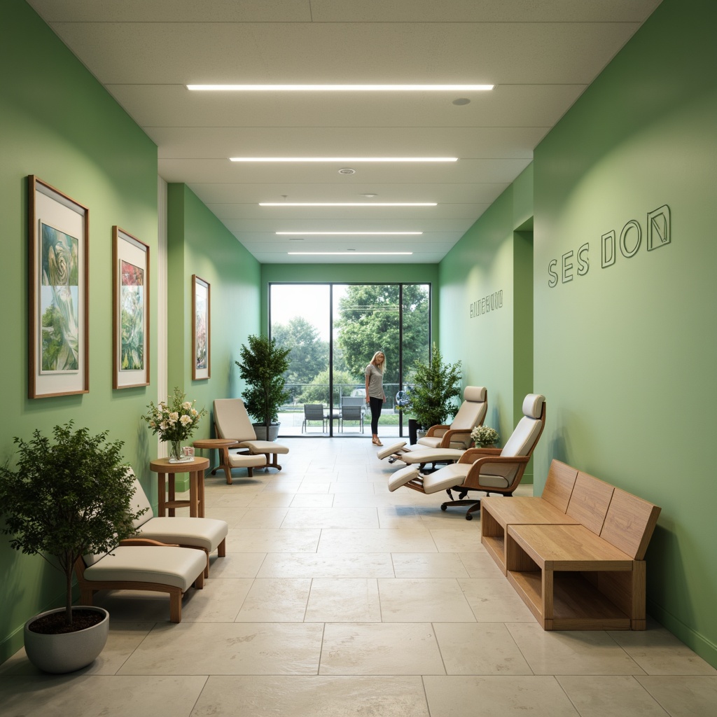 Prompt: Minimalist waiting area, sleek wooden benches, calming green walls, modern dental chairs, stainless steel equipment, LED lighting, glass partitions, open reception desk, comfortable patient lounges, natural stone flooring, subtle branding elements, soothing color scheme, airy atmosphere, shallow depth of field, 1/1 composition, realistic textures, ambient occlusion.