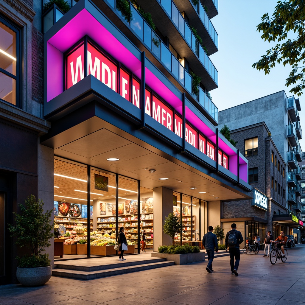 Prompt: Vibrant grocery store facade, modern angular lines, large glass windows, sliding doors, LED signage, colorful branding, urban cityscape, busy street scene, morning sunlight, soft warm lighting, shallow depth of field, 3/4 composition, realistic textures, ambient occlusion, sustainable materials, green walls, living roofs, eco-friendly design, innovative ventilation systems, shaded outdoor seating areas, misting systems, geometric patterns, bold typography, fresh produce displays.