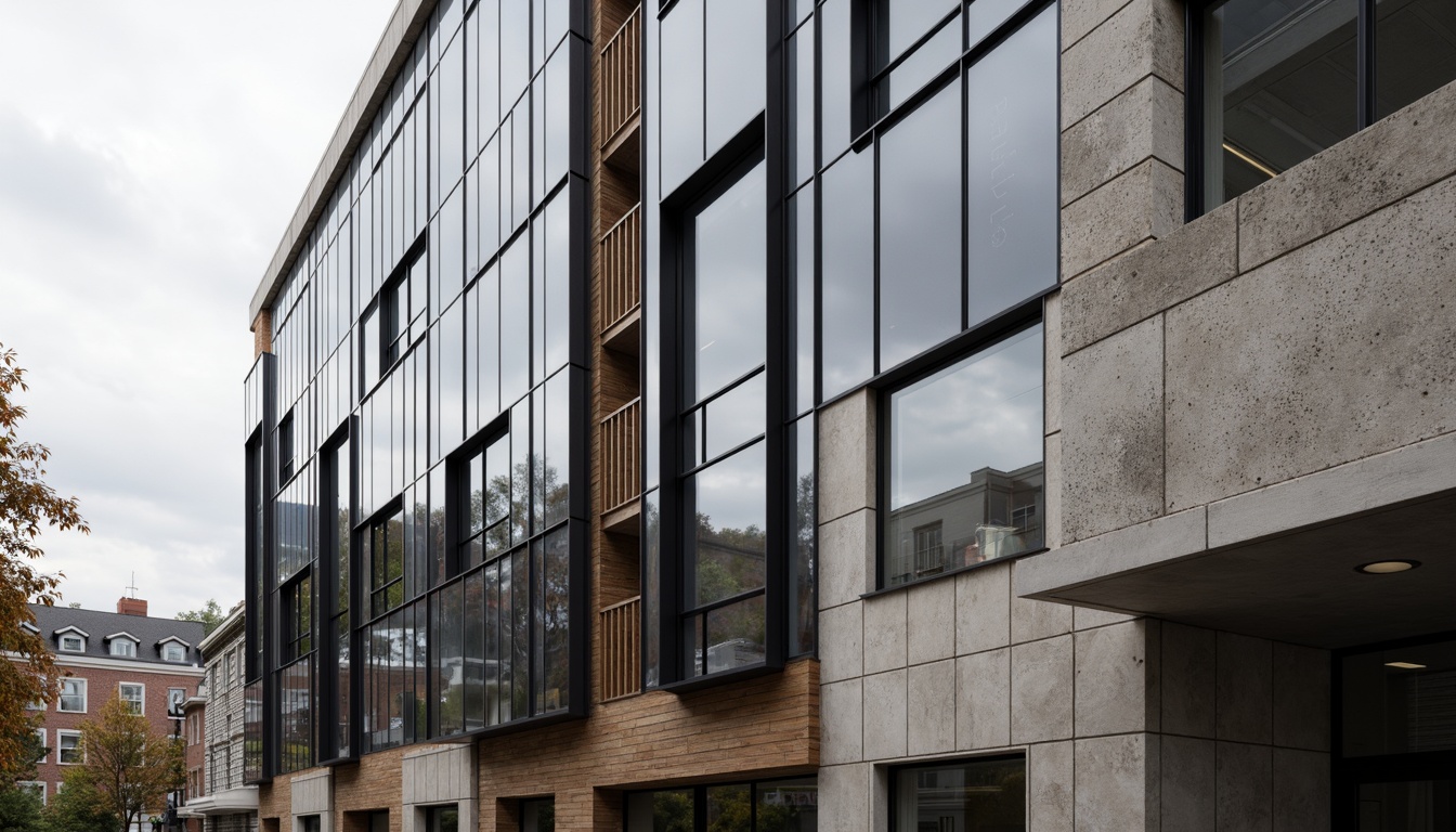 Prompt: Modern building facade, sleek metal cladding, reflective glass surfaces, rough concrete walls, natural stone textures, wooden accents, industrial chic aesthetic, urban cityscape, cloudy grey sky, soft diffused lighting, shallow depth of field, 3/4 composition, realistic renderings, ambient occlusion.