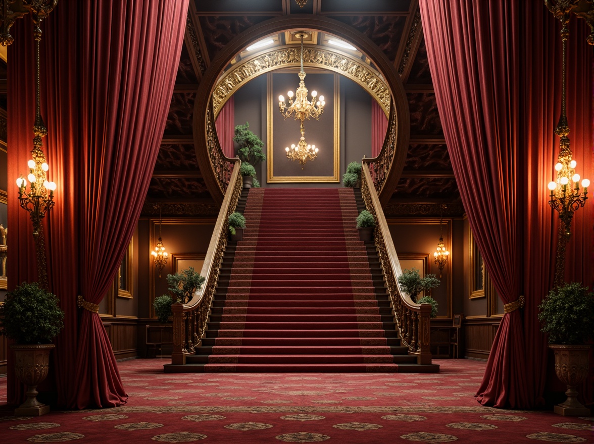 Prompt: Rich velvet curtains, ornate golden frames, lavish chandeliers, grand staircase, opulent red carpet, intricate moldings, Baroque-inspired architecture, dramatic spotlights, warm ambient lighting, shallow depth of field, 1/1 composition, realistic textures, ambient occlusion, luxurious fabrics, regal colors, majestic atmosphere, Renaissance-era details, ornamental patterns, gilded accents, grandiose scale, sweeping arches.