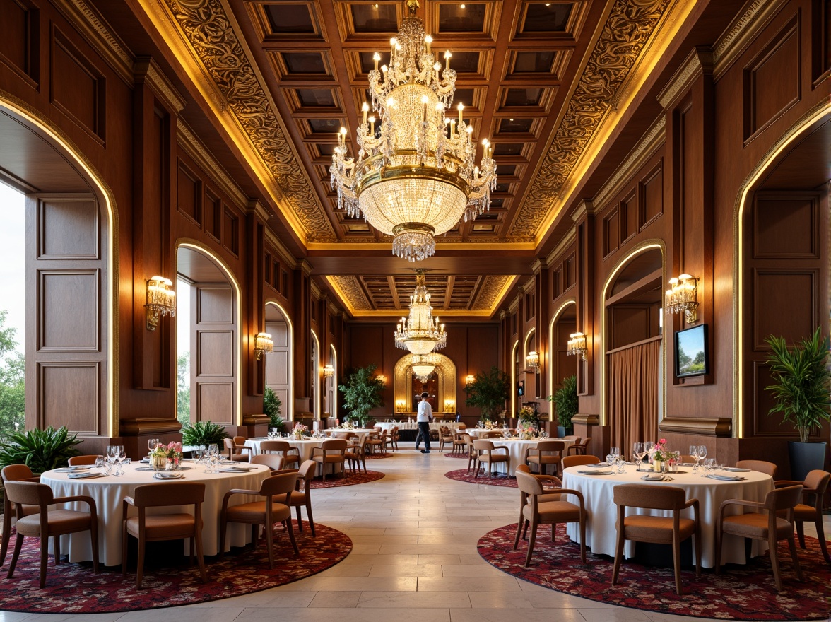 Prompt: Luxurious dining hall, ornate ceiling designs, intricate moldings, gilded details, crystal chandeliers, grandiose archways, marble floors, rich wood paneling, lavish furnishings, opulent fabrics, regal color schemes, warm golden lighting, soft shadows, 1/1 composition, realistic textures, ambient occlusion.