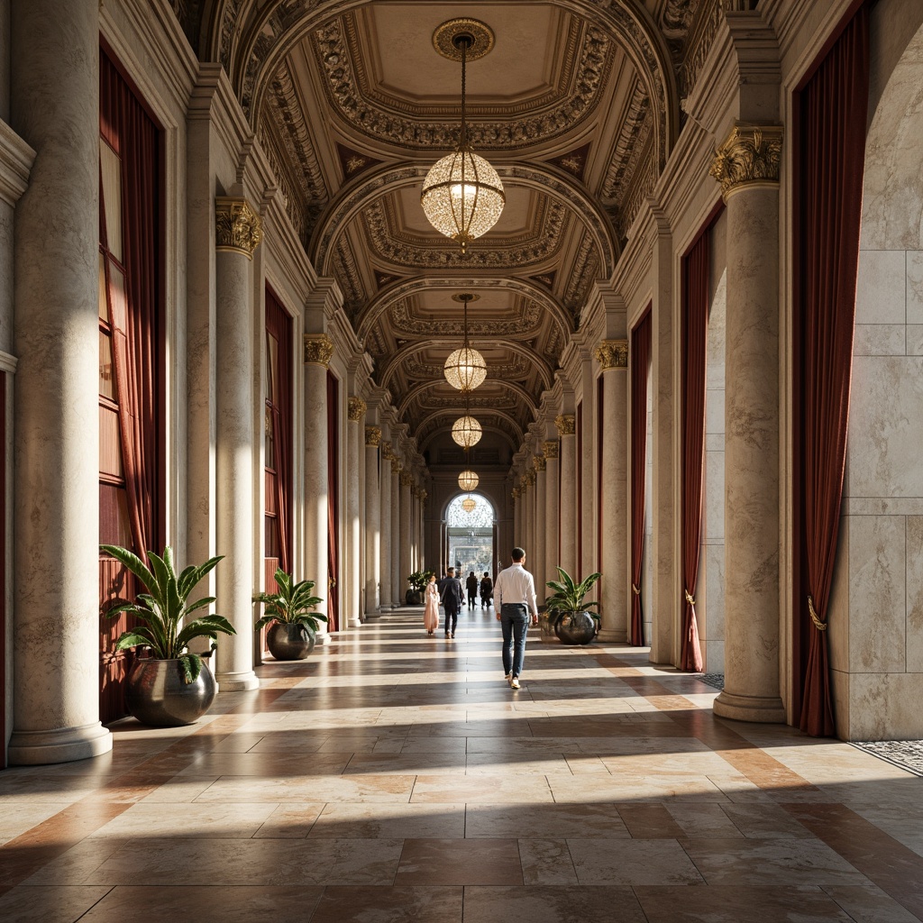 Prompt: Marble columns, ornate carvings, grand archways, symmetrical facades, rusticated bases, smooth limestone walls, intricate moldings, gilded details, velvet drapes, polished wooden floors, crystal chandeliers, soft warm lighting, shallow depth of field, 3/4 composition, panoramic view, realistic textures, ambient occlusion.