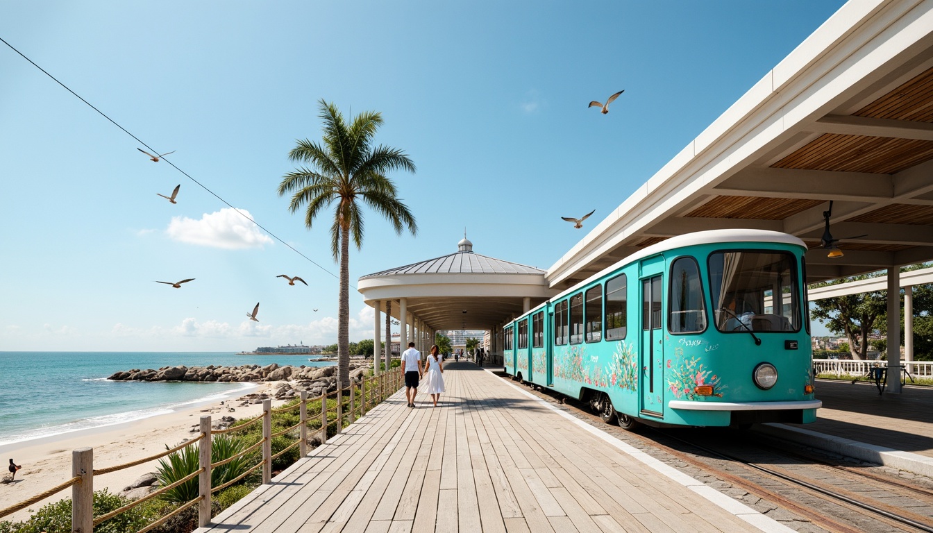 Prompt: Vibrant tram station, coastal scenery, ocean views, sandy beaches, seagulls flying, nautical ropes, wooden docks, modern architecture, curved lines, large windows, glass roofs, natural light, bright color scheme, turquoise accents, coral-inspired patterns, ocean-blue hues, sunny day, soft warm lighting, shallow depth of field, 3/4 composition, panoramic view, realistic textures, ambient occlusion.