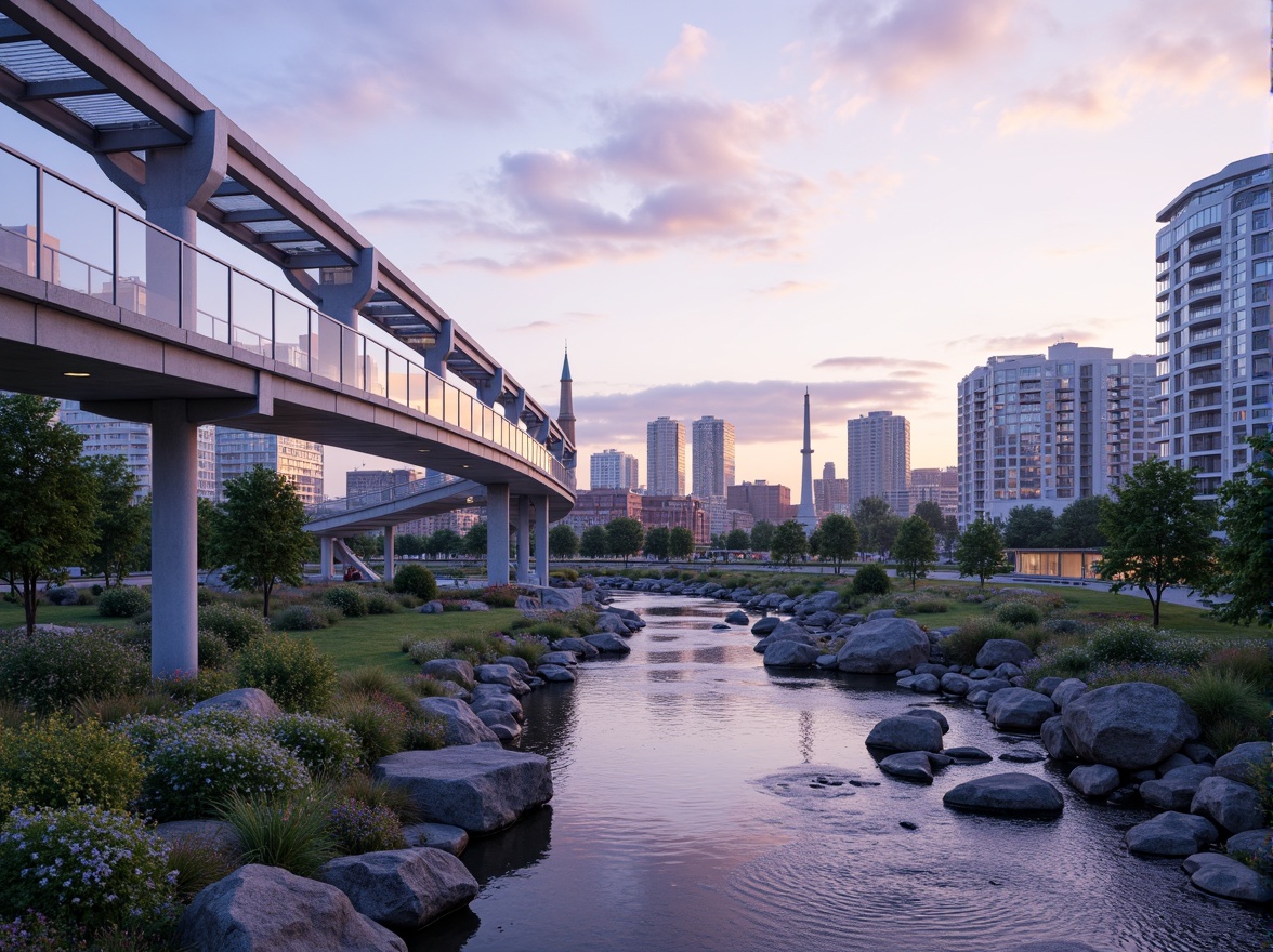 Prompt: Lavender blue pedestrian bridge, sleek modern architecture, curved lines, stainless steel railings, glass floors, transparent canopies, soft warm lighting, misty morning atmosphere, serene urban landscape, vibrant city skyline, lush greenery, blooming flowers, natural stone piers, gentle water flow, shallow depth of field, 1/2 composition, realistic textures, ambient occlusion.